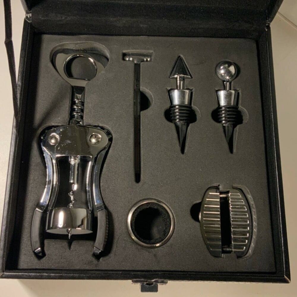 PEDRINI Wine & Bar 7pc Deluxe Chrome Wine Gift Set. With Storage Case Great Gift